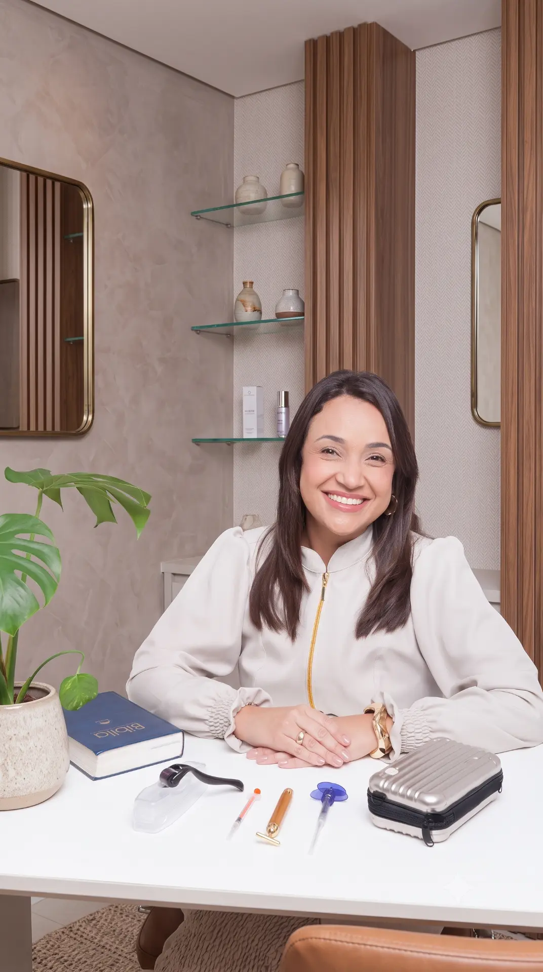 Cíntia Lemos sentada em seu consultório, com instrumentos clínicos sobre a mesa